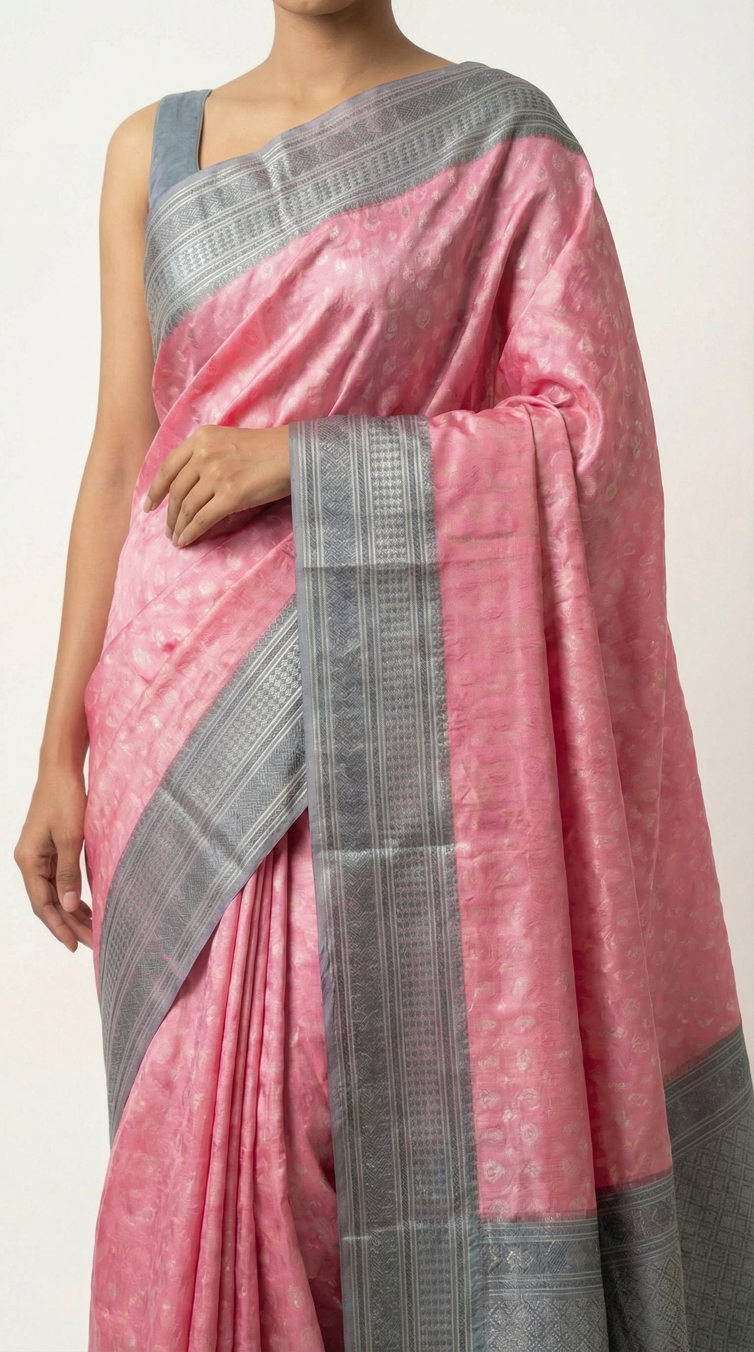 DIVA Pink Pure Tissue Silk Saree with Silver Zari Woven Border
