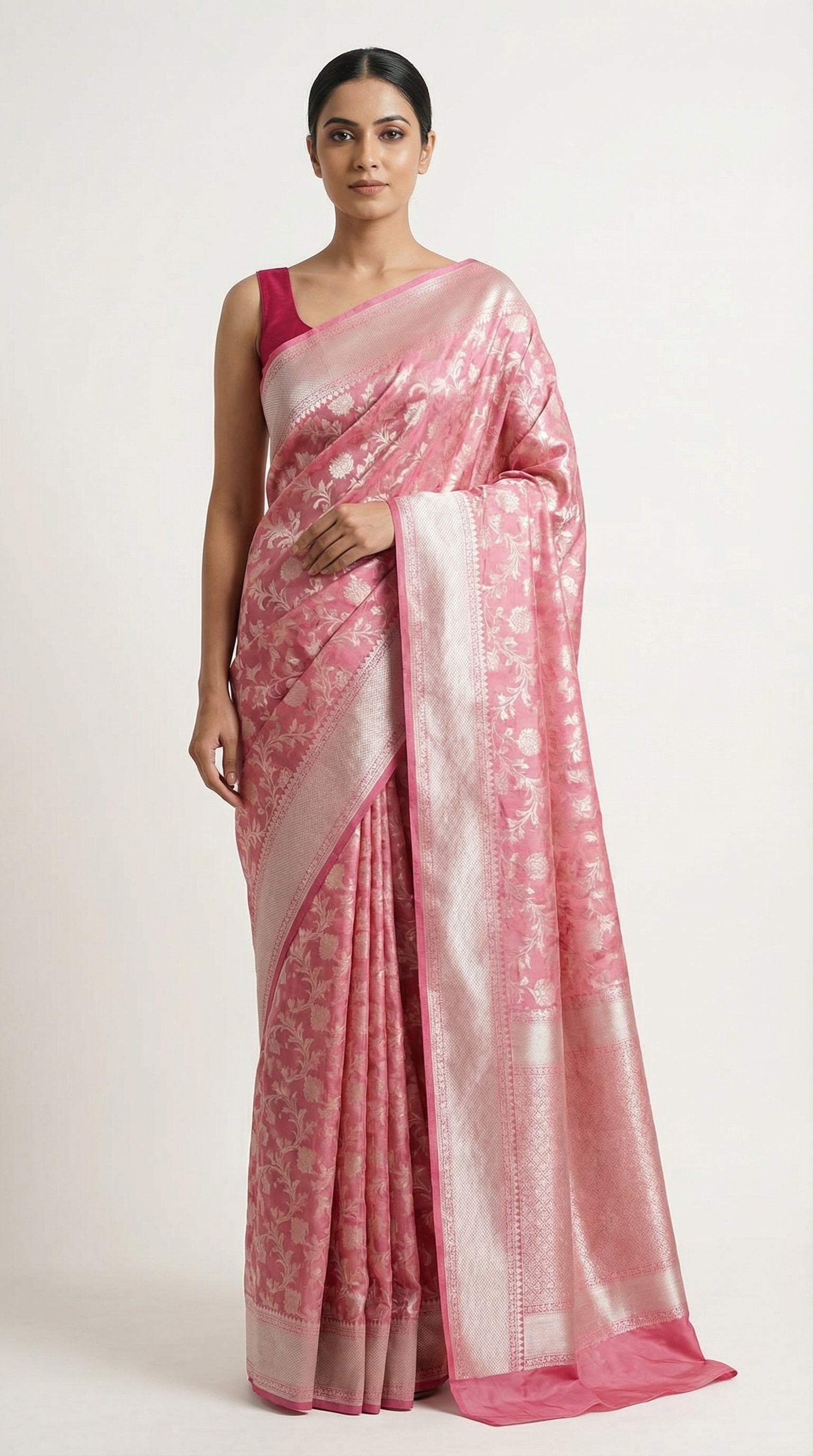 DIVA Pink Banarasi Crepe Saree with All-Over Silver Zari Jaal & Woven Border