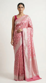 DIVA Pink Banarasi Crepe Saree with All-Over Silver Zari Jaal & Woven Border