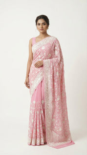 DIVA Pink Crepe Saree with All-Over White Floral Embroidery