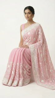 DIVA Pink Crepe Saree with All-Over White Floral Embroidery