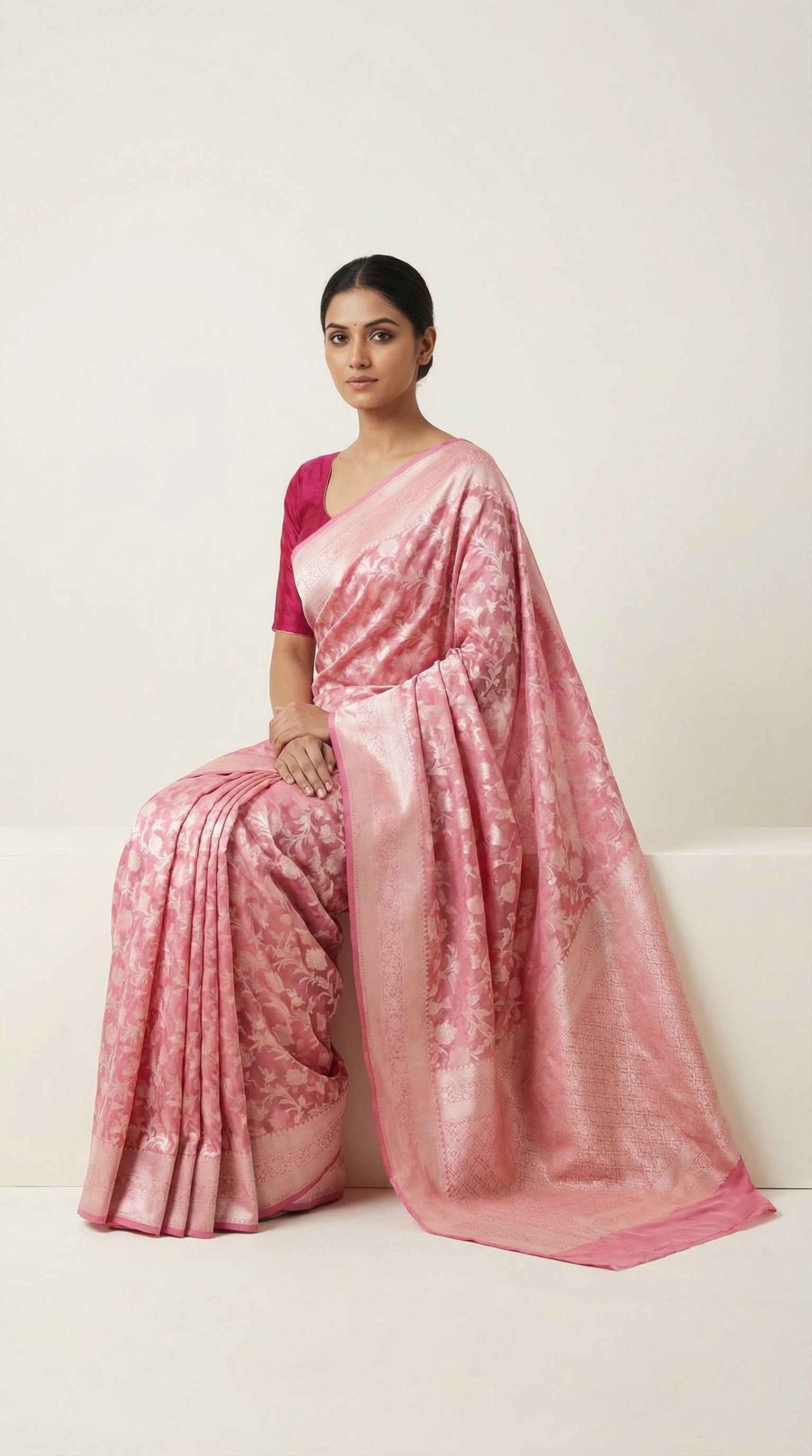 DIVA Pink Banarasi Crepe Saree with All-Over Silver Zari Jaal & Woven Border
