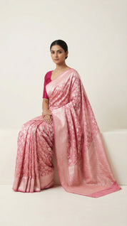 DIVA Pink Banarasi Crepe Saree with All-Over Silver Zari Jaal & Woven Border