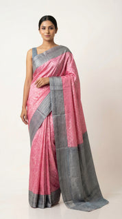 DIVA Pink Pure Tissue Silk Saree with Silver Zari Woven Border