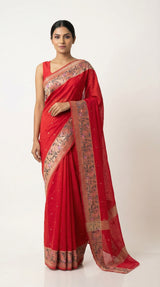 DIVA Red Banarasi Silk Saree with Woven Border & Zari Butis