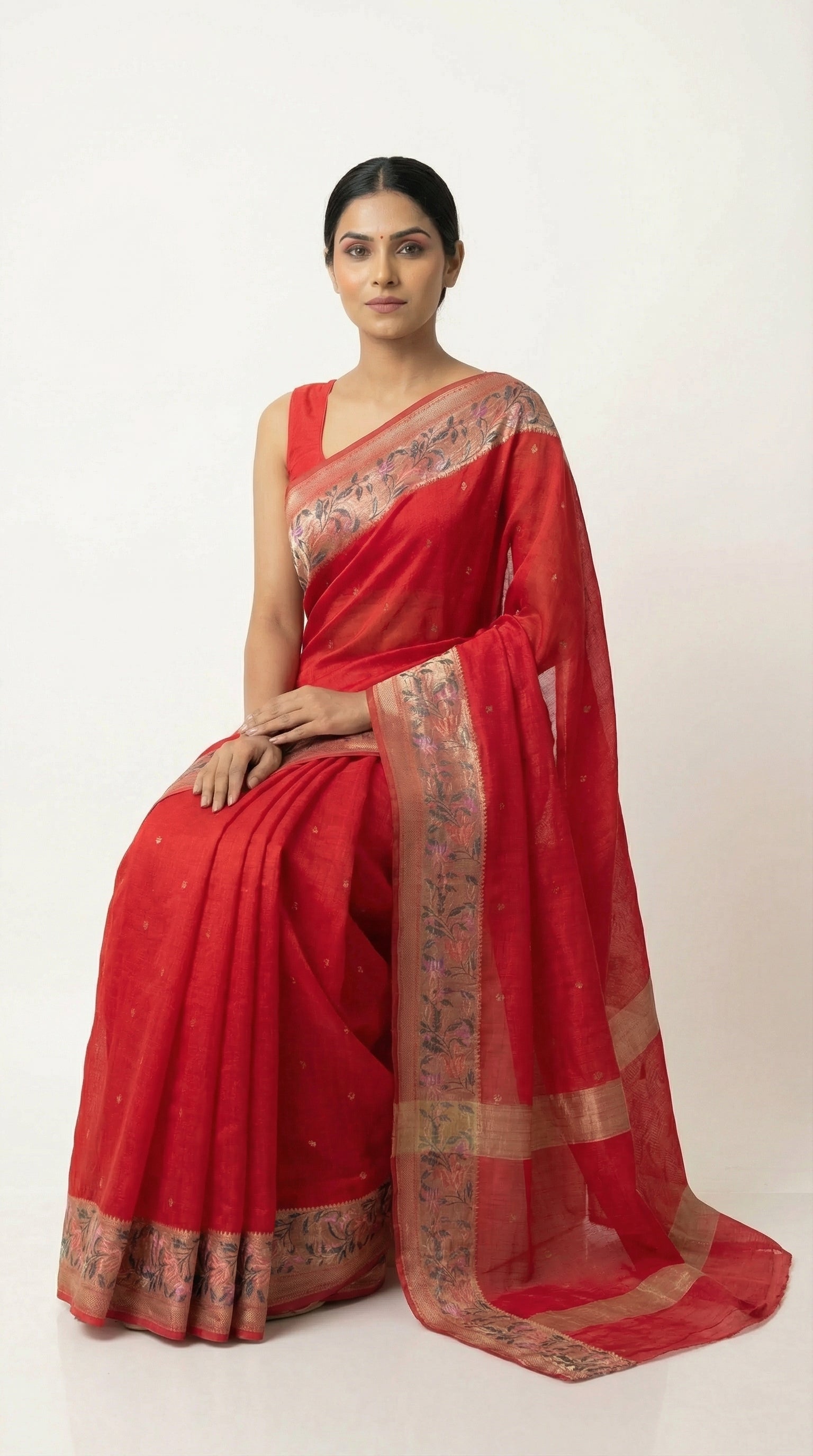 DIVA Red Banarasi Silk Saree with Woven Border & Zari Butis