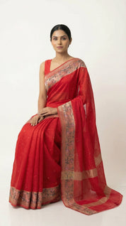 DIVA Red Banarasi Silk Saree with Woven Border & Zari Butis