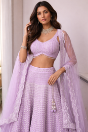 Lavender Raw Silk Embroidered Lehenga Set with Net Dupatta