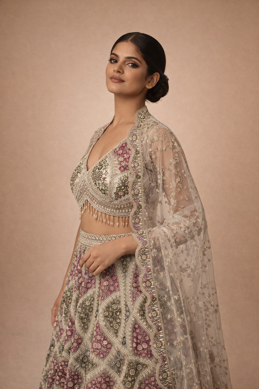 Cream Multicolour Embroidered Lehanga | DIVA