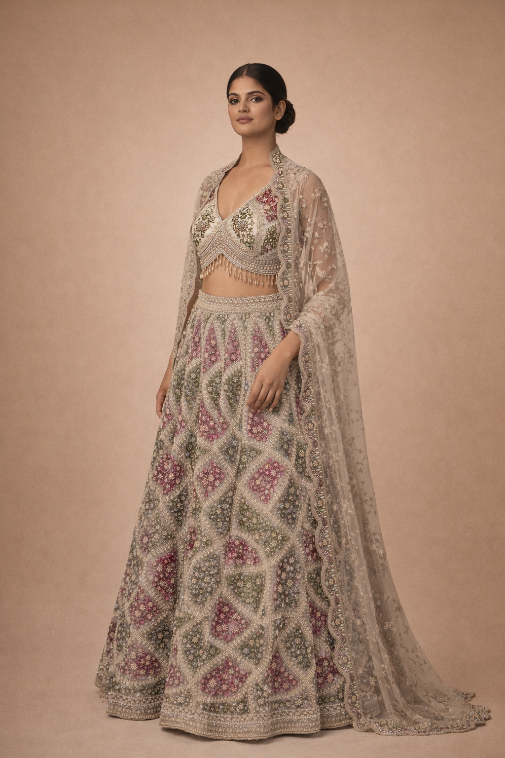Cream Multicolour Embroidered Lehanga | DIVA