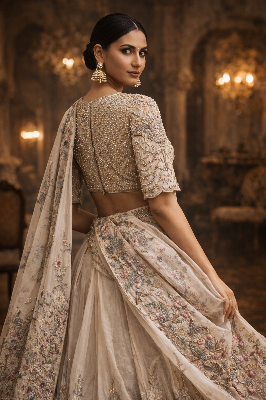 DIVA Blush Beige Embroidered Bridal Lehenga Set