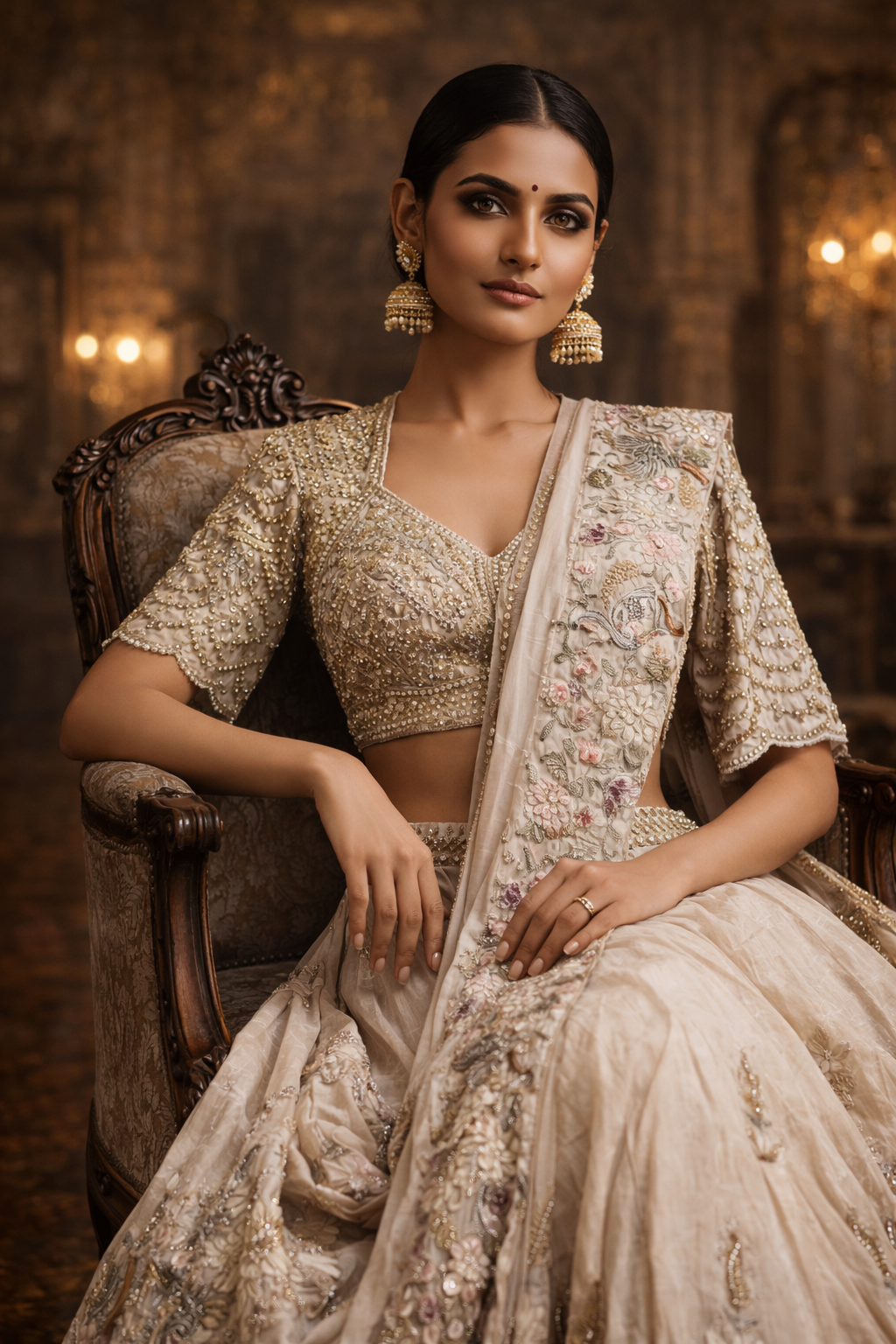 DIVA Blush Beige Embroidered Bridal Lehenga Set