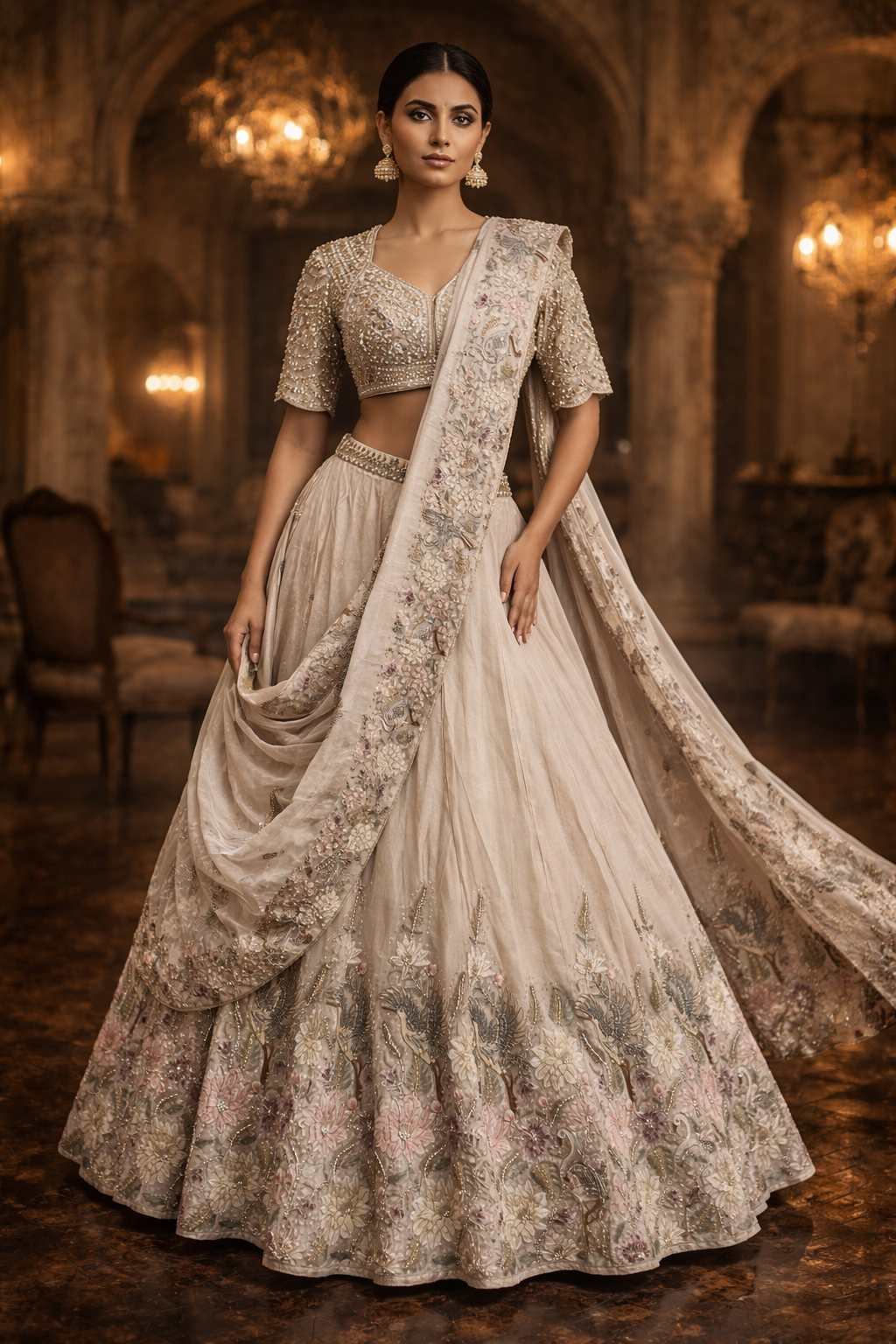 DIVA Blush Beige Embroidered Bridal Lehenga Set