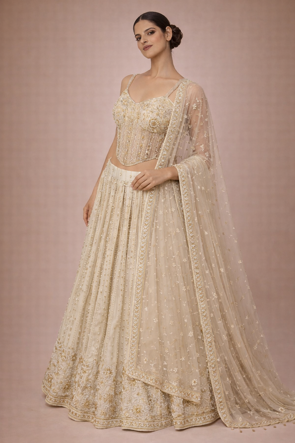 Ivory Raw Silk Embroidered Lehenga | DIVA