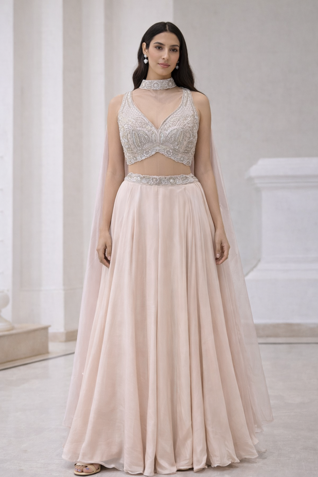 Cream Silk Chiffon Virti Palazzo Set | DIVA