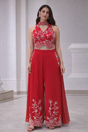 Manasvi Red Raw Silk Palazzo Set | DIVA
