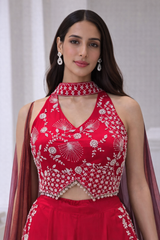 Manasvi Red Raw Silk Palazzo Set | DIVA