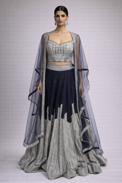 Navy Blue Georgette Lehenga Set with Silver Embellished Dupatta