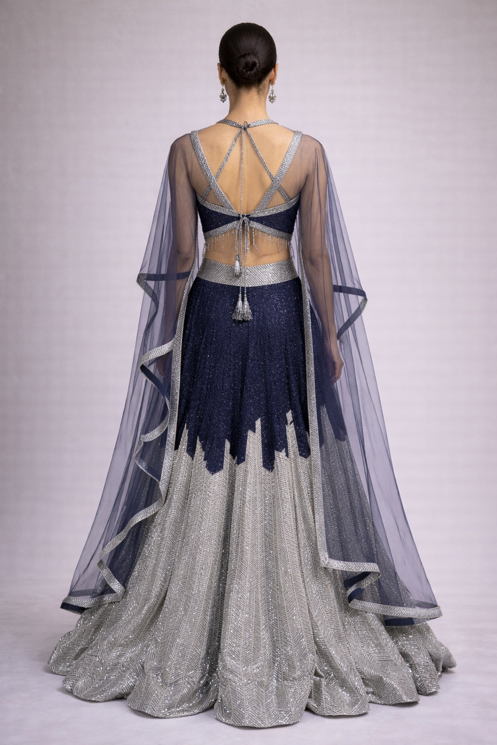 Navy Blue Georgette Lehenga Set with Silver Embellished Dupatta