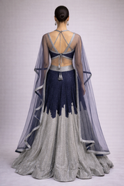 Navy Blue Georgette Lehenga Set with Silver Embellished Dupatta