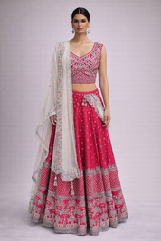Pink Raw Silk Bridal Lehenga Set with Silver Embroidery & Net Dupatta