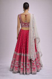Pink Raw Silk Bridal Lehenga Set with Silver Embroidery & Net Dupatta