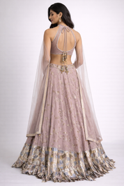 Onion Pink Georgette Lehenga Set with 3D Sequin Halter Blouse & Net Dupatta