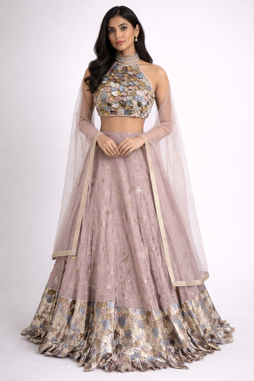 Onion Pink Georgette Lehenga Set with 3D Sequin Halter Blouse & Net Dupatta