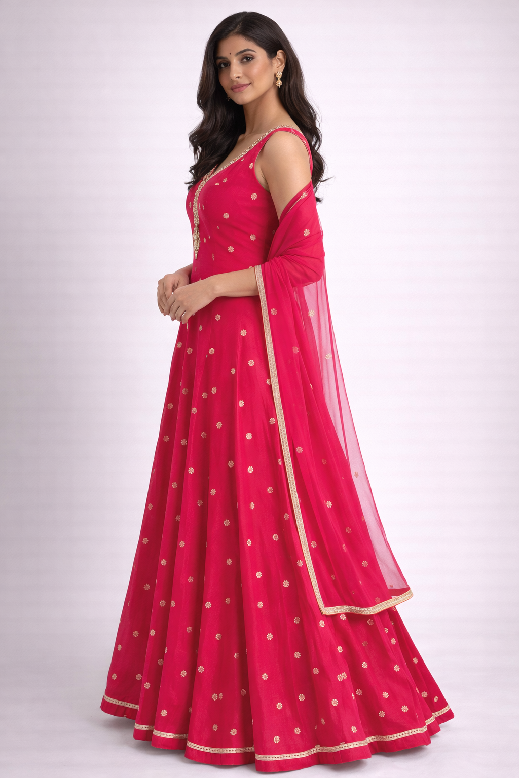 Rani Pink Raw Silk Blend Anarkali Gown with Zari Buti & Chiffon Dupatta