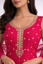 Rani Pink Raw Silk Blend Anarkali Gown with Zari Buti & Chiffon Dupatta