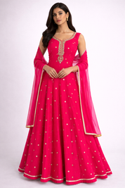 Rani Pink Raw Silk Blend Anarkali Gown with Zari Buti & Chiffon Dupatta