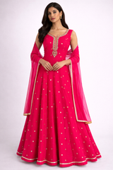 Rani Pink Raw Silk Blend Anarkali Gown with Zari Buti & Chiffon Dupatta