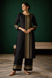 Black Cotton Salwar Set with Gold Panel Detailing | Elegant Ethnic Wear – DIVA