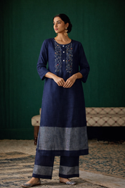 Navy Linen Kameez Set with Embroidered Panel | Elegant Ethnic Wear for Women – DIVA