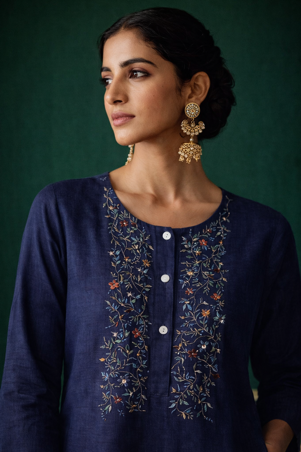 Navy Linen Kameez Set with Embroidered Panel | Elegant Ethnic Wear for Women – DIVA