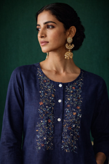 Navy Linen Kameez Set with Embroidered Panel | Elegant Ethnic Wear for Women – DIVA