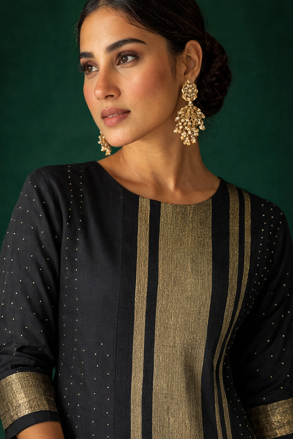 Black Cotton Salwar Set with Gold Panel Detailing | Elegant Ethnic Wear – DIVA