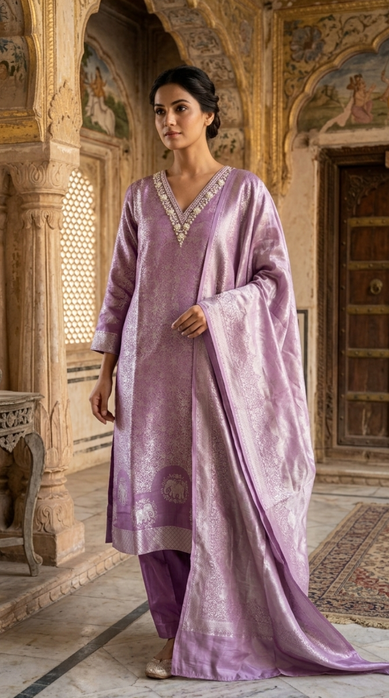 Lavender Banarasi Silk Salwar Suit | Silver Zari Woven Kurta with Churidar & Dupatta | Diva