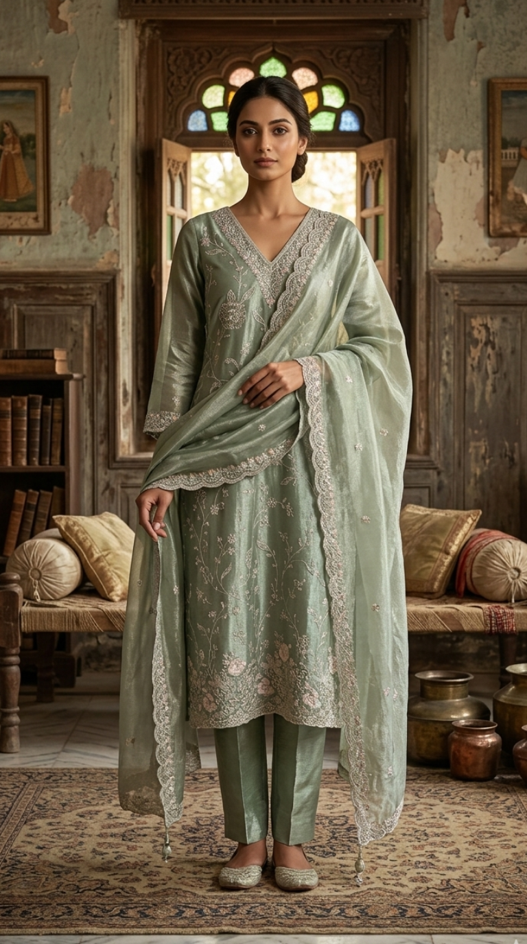 Pista Green Banarasi Silk Salwar Suit | Silver Zari Woven Kurta with Churidar & Dupatta | Diva
