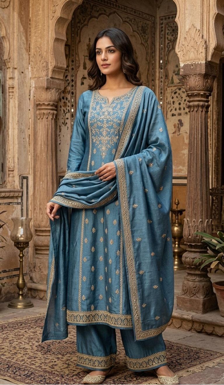Teal Blue Raw Silk Anarkali Suit | Gold Zari Embroidered Kurta with Dupatta | Diva