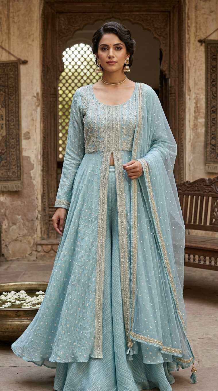 Sky Blue Banarasi Silk Palazzo Suit | Gold Zari Woven Kurta with Wide-Leg Palazzo & Embellished Dupatta