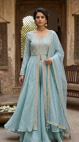 Sky Blue Banarasi Silk Palazzo Suit | Gold Zari Woven Kurta with Wide-Leg Palazzo & Embellished Dupatta