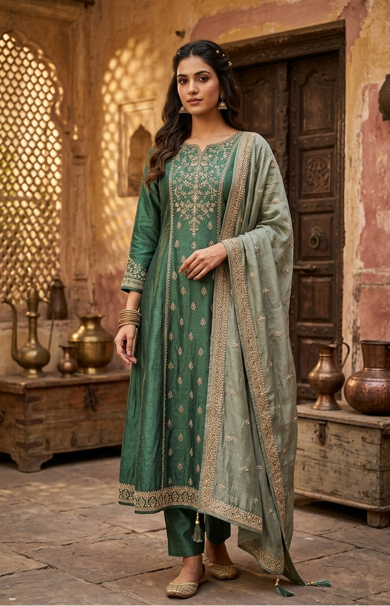 Forest Green Raw Silk Anarkali Suit | Rose Gold Zari & Stone Embroidery | Kurta with Dupatta