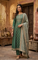 Forest Green Raw Silk Anarkali Suit | Rose Gold Zari & Stone Embroidery | Kurta with Dupatta