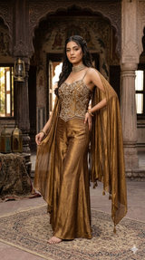 DIVA Gold Embroidered Indo-Western Satin Outfit – Festive Wear | DIVA