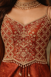 Rust Pink Satin Embroidered Indo-western with Dupatta – Festive Wedding Wear | DIVA