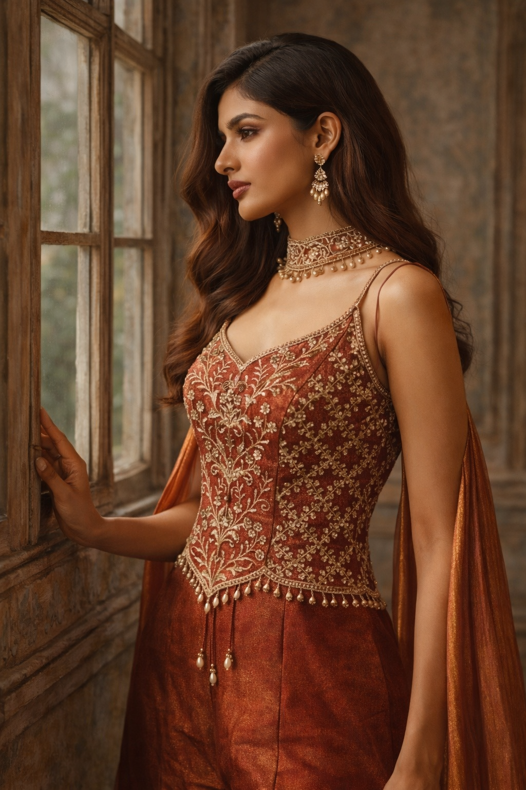 Rust Pink Satin Embroidered Indo-western with Dupatta – Festive Wedding Wear | DIVA