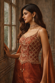 Rust Pink Satin Embroidered Indo-western with Dupatta – Festive Wedding Wear | DIVA