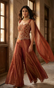 Rust Pink Satin Embroidered Indo-western with Dupatta – Festive Wedding Wear | DIVA