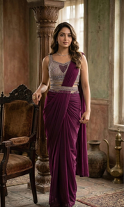 DIVA Wine Embellished Tissue Ready-Made Saree with Designer Blouse